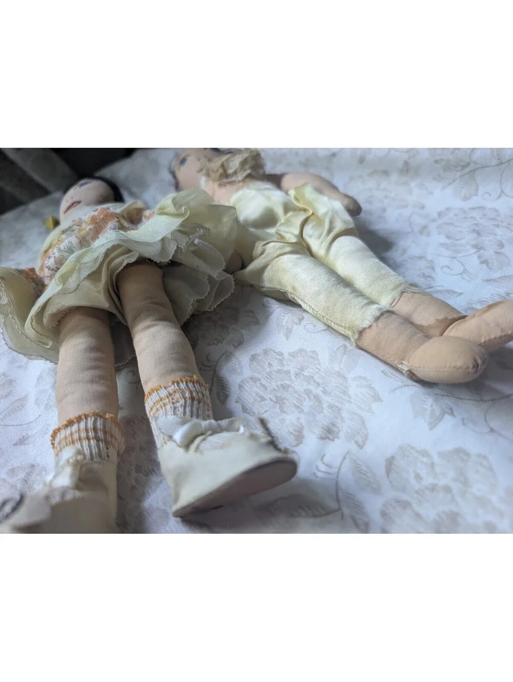 Vintage Handmade Cloth Dolls Pair with Fabric Clothing